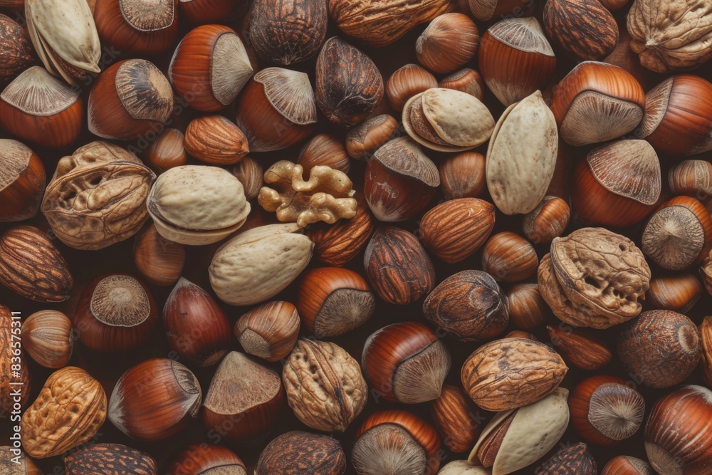 Nuts are scattered together on a table with a brown background, food background Nuts are scattered together on a table with a brown background, food background