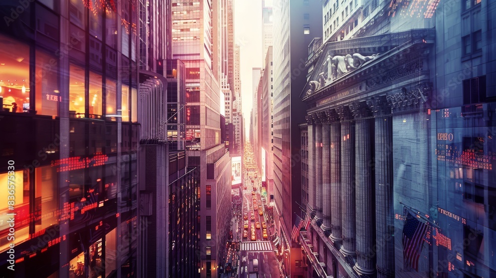 Obraz premium Panoramic cityscape of thriving financial district. Skyscrapers reaching towards the sky, modern urban architecture.