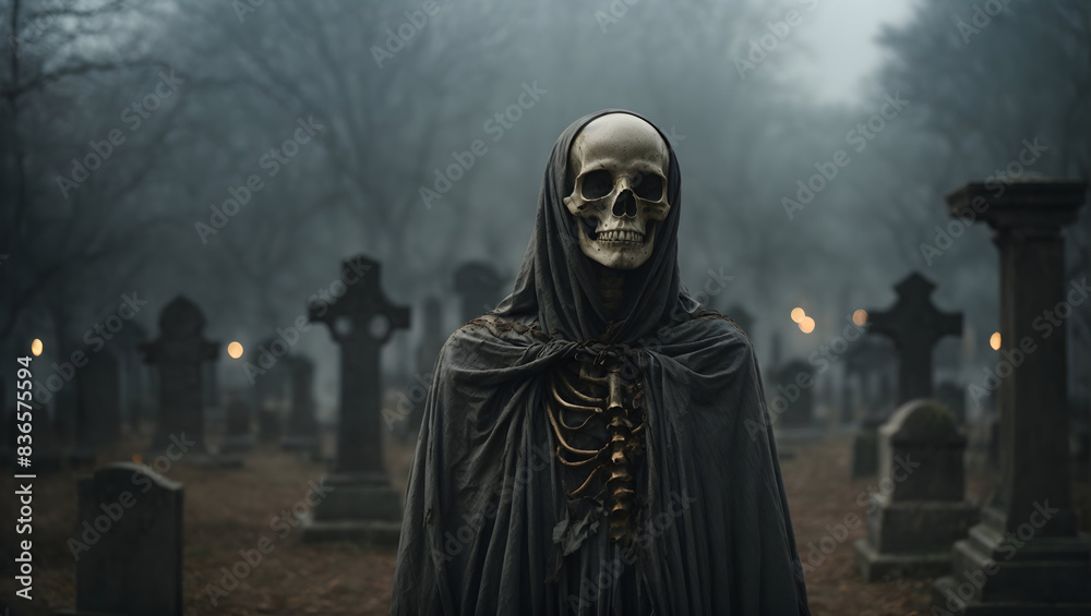 A skeletal figure with a ghostly face standing in a graveyard of forgotten souls A skeletal figure with a ghostly face standing in a graveyard of forgotten souls