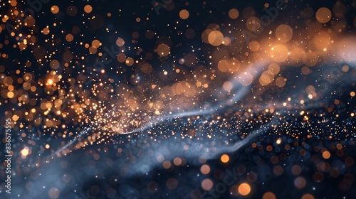 An abstract illustration of dust and sparkles in motion against a dark background photo