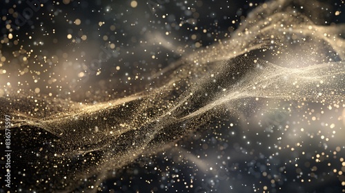 An abstract illustration of dust and sparkles in motion against a dark background