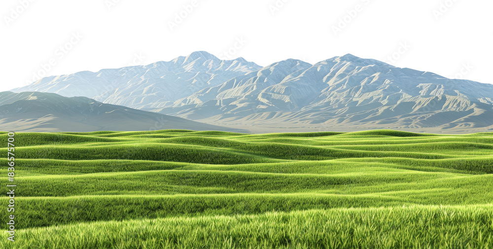 Countryside landscape with green field and mountains on background, cut out Countryside landscape with green field and mountains on background, cut out