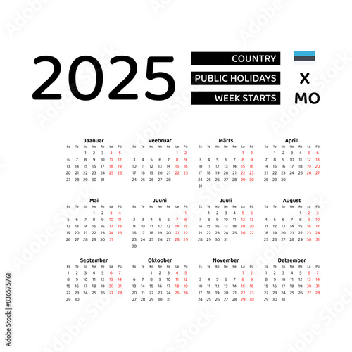 Estonia calendar 2025. Week starts from Monday. Vector graphic design. Estonian language.