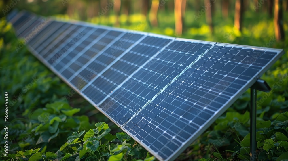 Solar panels in a lush green field surrounded by trees, showcasing sustainable energy and eco-friendly technology in a natural environment. Solar panels in a lush green field surrounded by trees, showcasing sustainable energy and eco-friendly technology in a natural environment.
