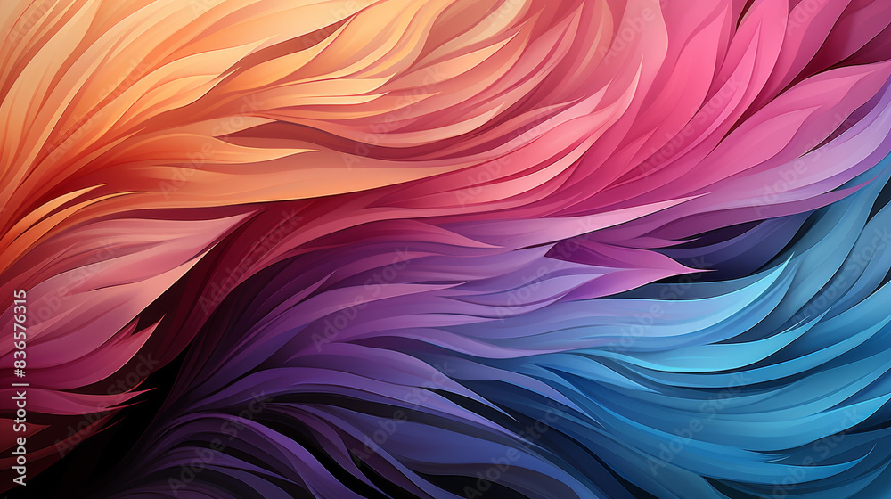 Elegant abstract feather design with flowing lines and vibrant hues, in a modern flat texture style, finely detailed illustration.
