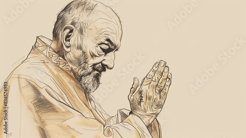 Biblical Illustration of Saint Padre Pio in deep prayer, displaying the stigmata on his hands, serene chapel setting, peaceful and holy atmosphere, mystical experiences, beige background, copyspace photo