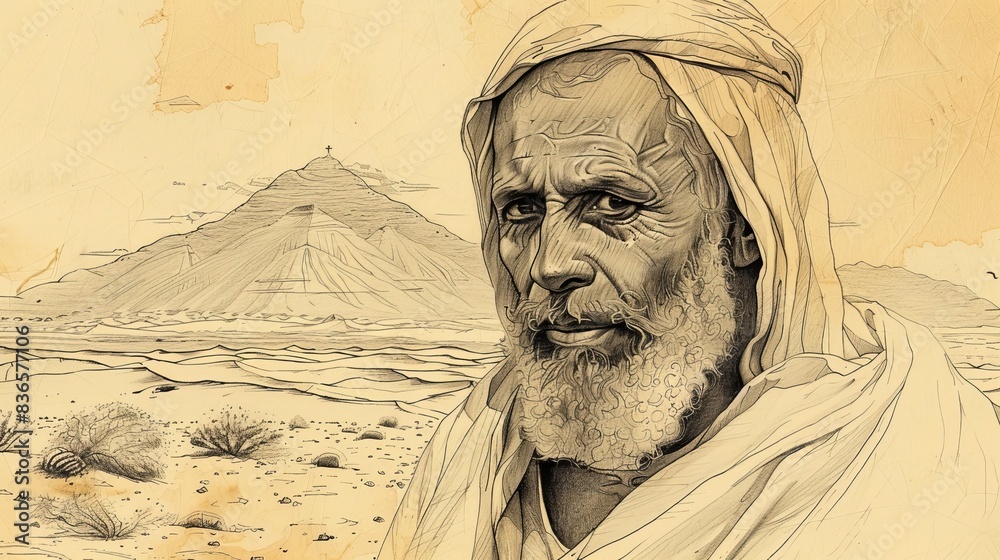 Fototapeta premium Biblical Illustration of Saint Macarius of Egypt living as a hermit in the desert, piety and devotion. Simple attire, serene expression, peaceful desert setting. Beige Background, copyspace.