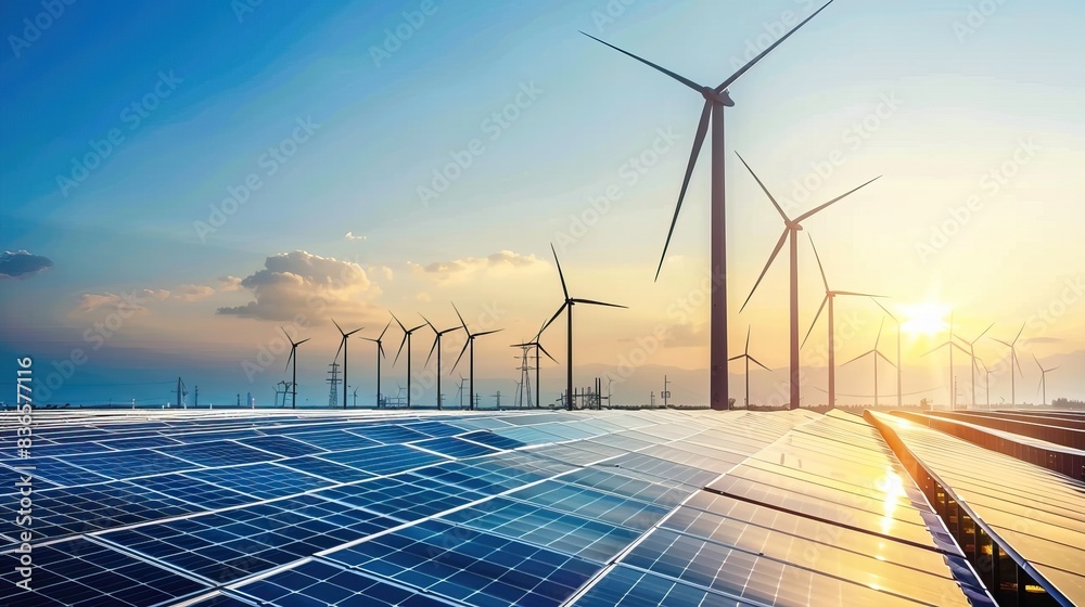 Solar panels and wind turbines at sunset renewable energy sources sustainable power generation Solar panels and wind turbines at sunset renewable energy sources sustainable power generation