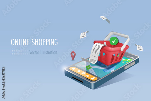 Online shopping and delivery service with consumer protection. Shopping basket on mobile app with guaranteed products and bill receipt. Express home delivery wireless technology. 3D vector.