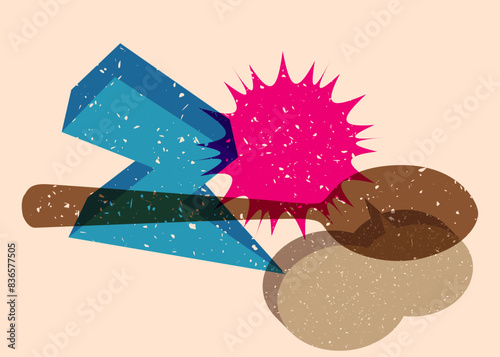 Risograph spoon with speech bubble with geometric shapes. Objects in trendy riso graph print texture style design with geometry elements.