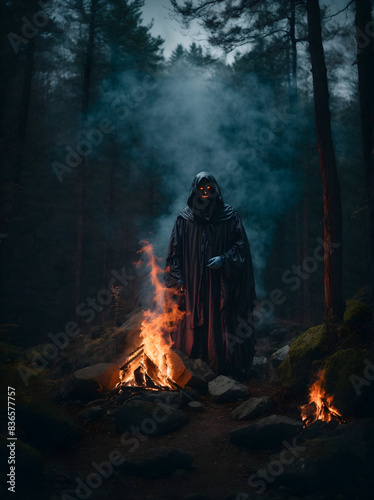 A ghostly figure with a pale face and a sinister grin its eyes burning with a sinister fire