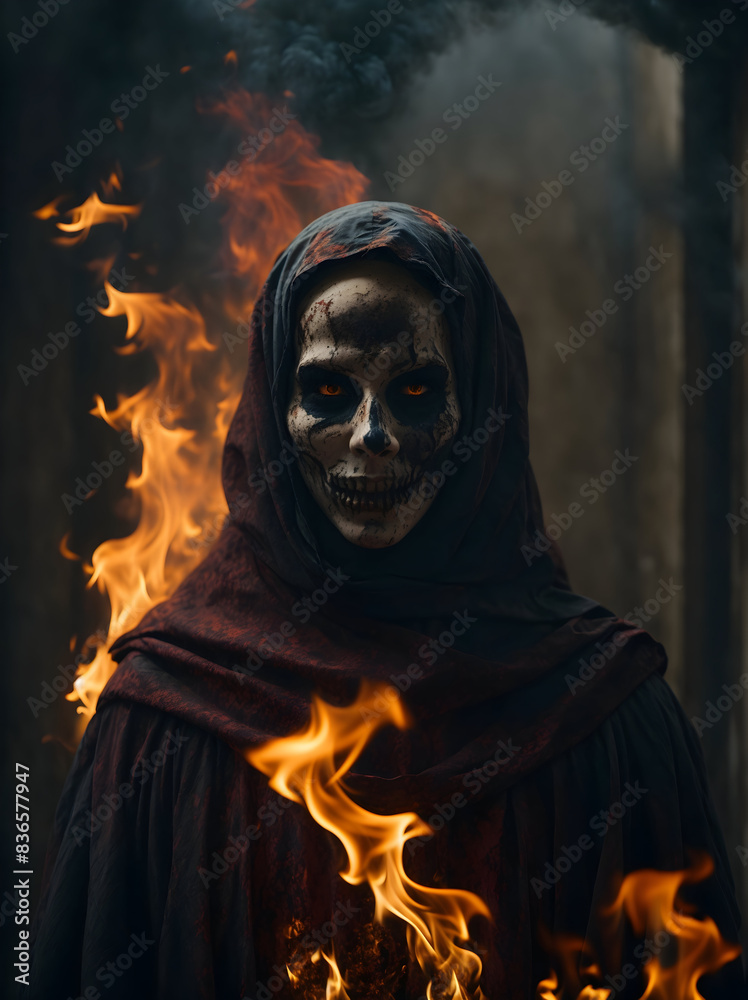 A ghostly figure with a pale face and a sinister grin its eyes burning with a sinister fire A ghostly figure with a pale face and a sinister grin its eyes burning with a sinister fire