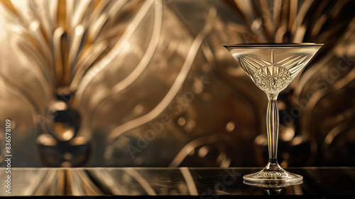An art deco-inspired image of a martini glass, capturing the glamour of the 1920s, art deco design, National Martini Day, with copy space
