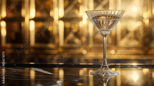 An art deco-inspired image of a martini glass, capturing the glamour of the 1920s, art deco design, National Martini Day, with copy space