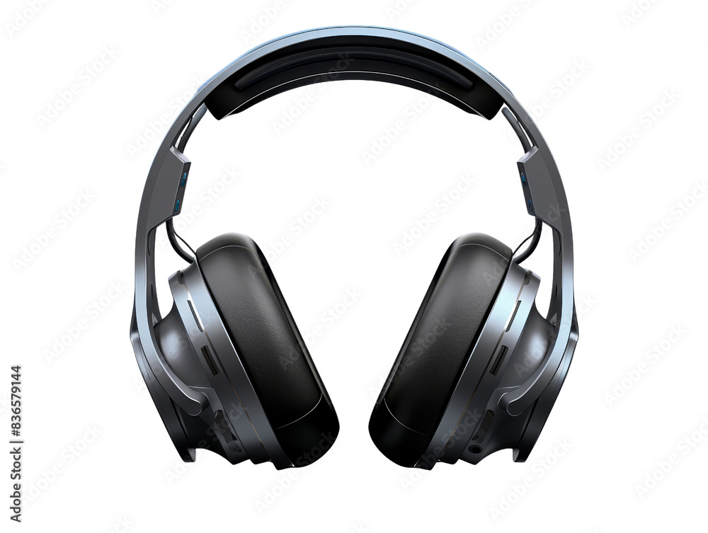 A pair of headphones with a black and silver design A pair of headphones with a black and silver design