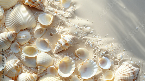 White seashells scattered on a sandy beach with copy space