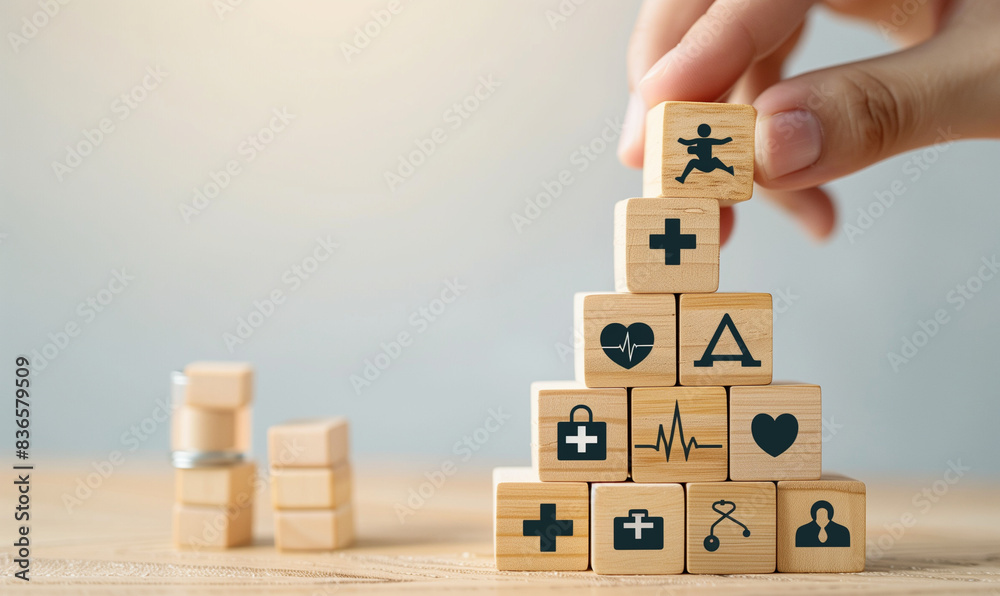 Fototapeta premium Symbols of health insurance and medicine, wooden blocks with health care icons, Generative AI、健康保険と医療の象徴、ヘルスケアアイコンが描かれた木製ブロック、Generative AI