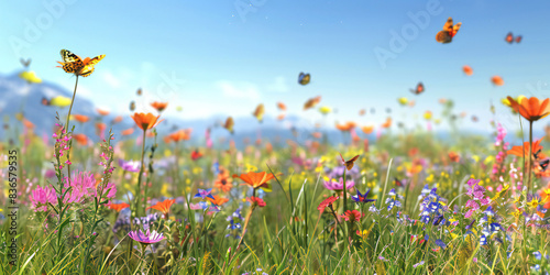 field of flowers, 2d background Flower Field A colorful field of wildflowers in full bloom, with butterflies and bees buzzing, a gentle breeze, and a clear blue sky © jhon