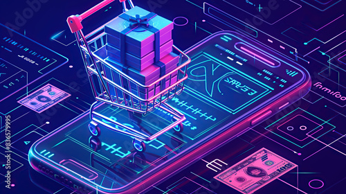 digital illustration visual of a all blue digital construction shopping cart with an iphone and money floating above it, neon purple glow