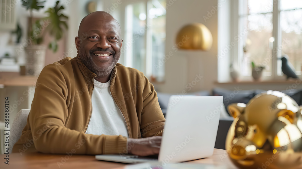 happy old casual black man sitting in the table with laptop beside golden piggybank. Investor saving money for pension. happy old casual black man sitting in the table with laptop beside golden piggybank. Investor saving money for pension.