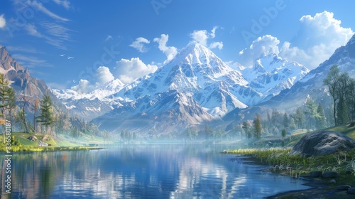 Breathtaking mountain landscape with snow-capped peaks and lake reflection. Crystal clear lake reflecting the grandeur of the mountains.