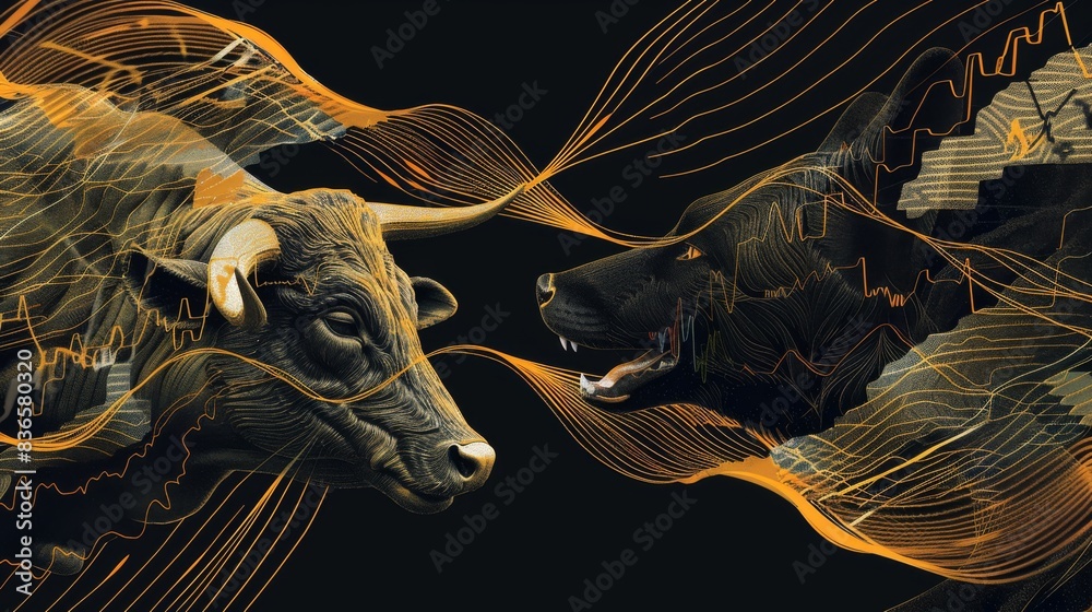 Abstract market trends illustration, bull vs. bear, stock market analysis. Ideal for financial institutions, investment websites, and market analysts. Abstract market trends illustration, bull vs. bear, stock market analysis. Ideal for financial institutions, investment websites, and market analysts.