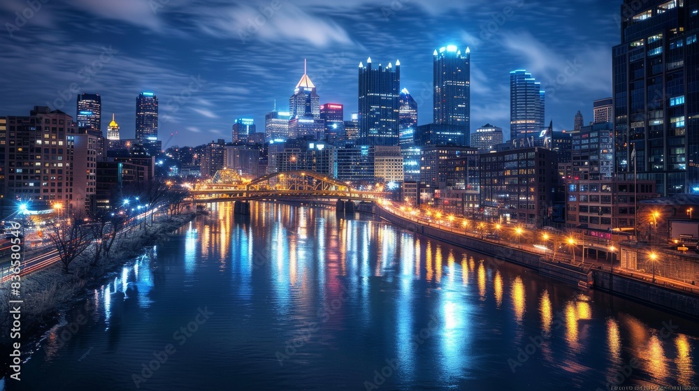 Breathtaking cityscape at night, illuminated skyscrapers, vibrant metropolis. Skyscrapers glowing with colorful lights, long exposure photography.