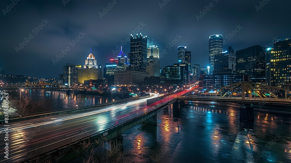 Obraz premium Breathtaking cityscape at night, illuminated skyscrapers, vibrant metropolis. Skyscrapers glowing with colorful lights, long exposure photography.