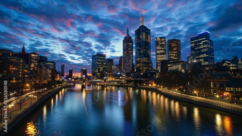 Breathtaking cityscape at night, illuminated skyscrapers, vibrant metropolis. Skyscrapers glowing with colorful lights, long exposure photography.