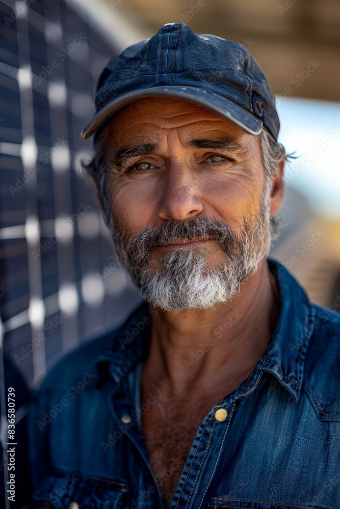 Portrait of a Mature Man in Denim Shirt and Cap Standing Next to Solar Panels with a Thoughtful Expression and a Salt-and-Pepper Beard Under Bright Sunlightmature man