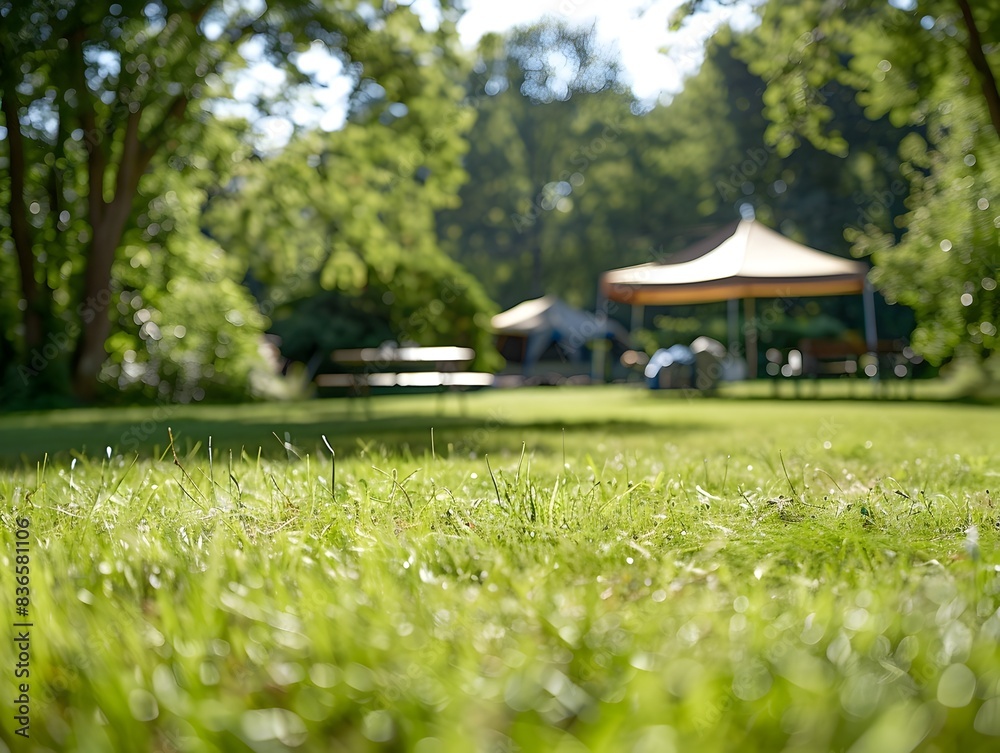 Sunny Camping Field with Canopy Tent and Folding Furniture in Shade Sunny Camping Field with Canopy Tent and Folding Furniture in Shade