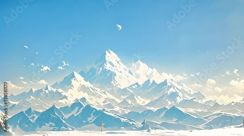 Snow Capped Mountains Landscape Animation. Snow Capped Peaks and a Clear Blue Sky. Animated Dynamic Scene Style. photo