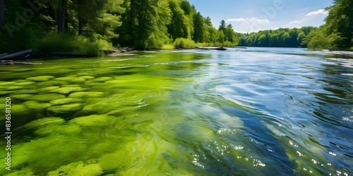 Bluegreen algae Cyanobacteria cause harmful algal blooms in water bodies worldwide. Concept Harmful Algal Blooms, Cyanobacteria, Water Pollution, Environmental Impact photo