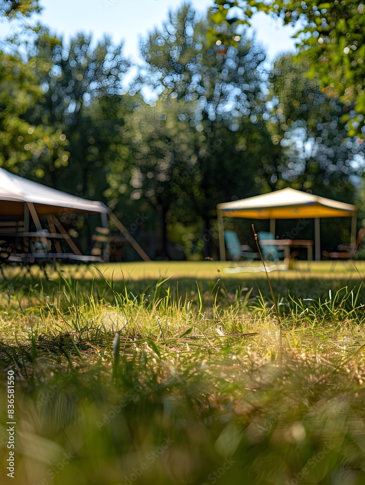 Sunny Camping Field with Canopy Tent and Folding Furniture Sunny Camping Field with Canopy Tent and Folding Furniture