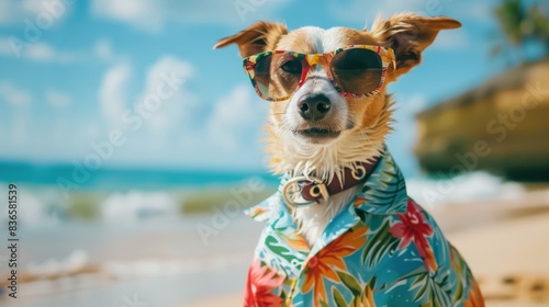 Dog wearing sunglasses, Hawaiian shirt, and other pet accessories. Relaxing on the sand, splashing in the water, or chasing waves.