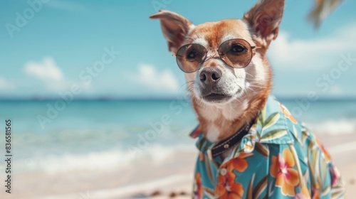 Dog wearing sunglasses, Hawaiian shirt, and other pet accessories. Relaxing on the sand, splashing in the water, or chasing waves.