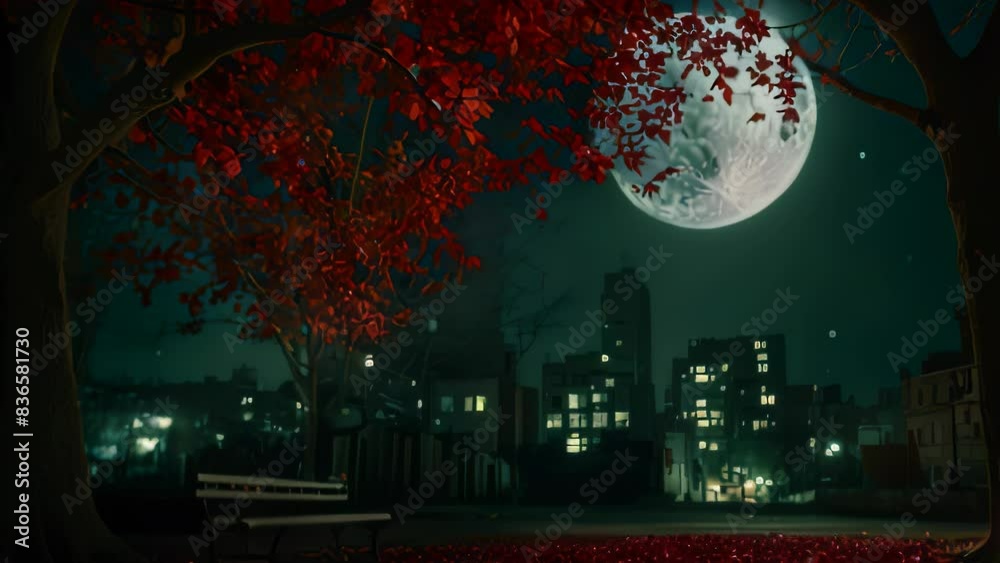Video animation of night scene framed by what appears to be a circular window. Against a dark backdrop, a large, full moon partially peeks through vibrant red leaves