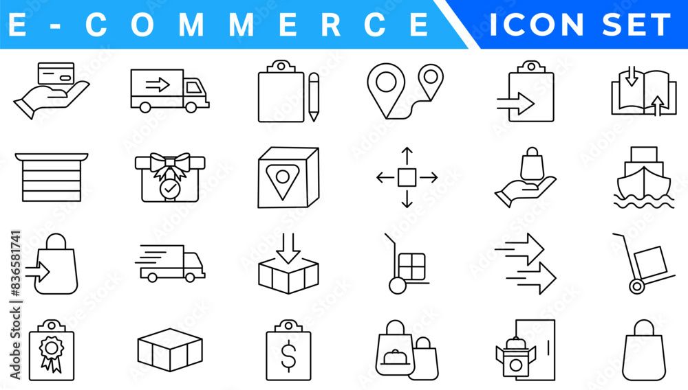 E-commerce icon set. Online shopping and delivery elements. E-business symbol. Solid icons vector collection. E-commerce icon set. Online shopping and delivery elements. E-business symbol. Solid icons vector collection.