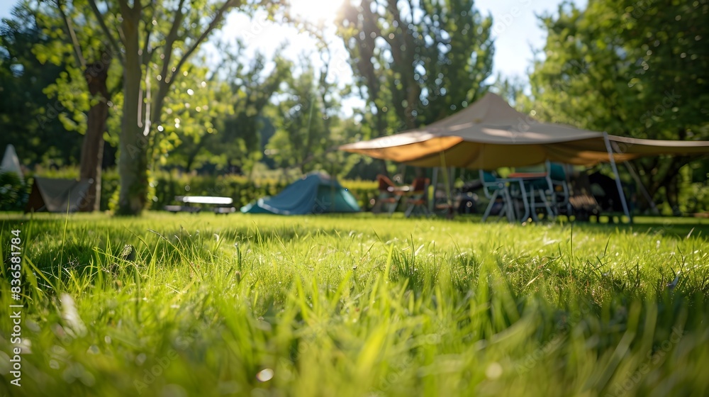 Sunny Camping Field with Canopy Tent and Folding Furniture Sunny Camping Field with Canopy Tent and Folding Furniture
