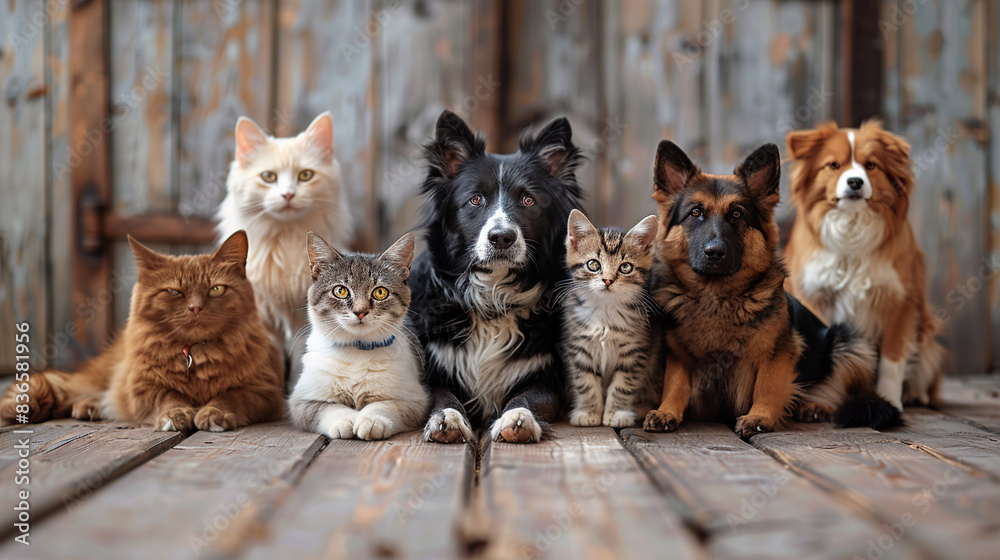 A group of cats and dogs sitting together on the wooden floor, with various colors of fur A group of cats and dogs sitting together on the wooden floor, with various colors of fur