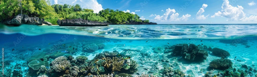 Underwater view of a tropical island with coral reefs and clear water Underwater view of a tropical island with coral reefs and clear water