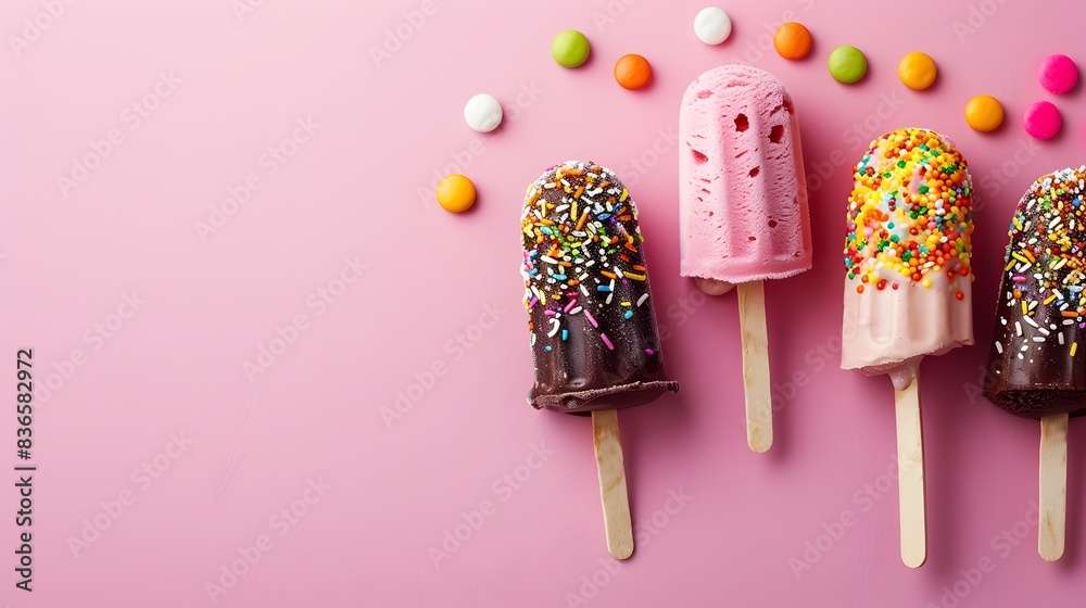 Carnival Atmosphere Created by Ice Cream Sticks on Pink Background Carnival Atmosphere Created by Ice Cream Sticks on Pink Background