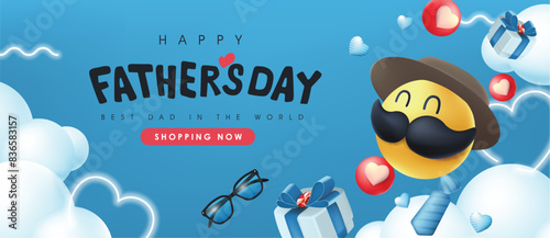 Happy Fathers Day sale banner background with mustache smiley character 