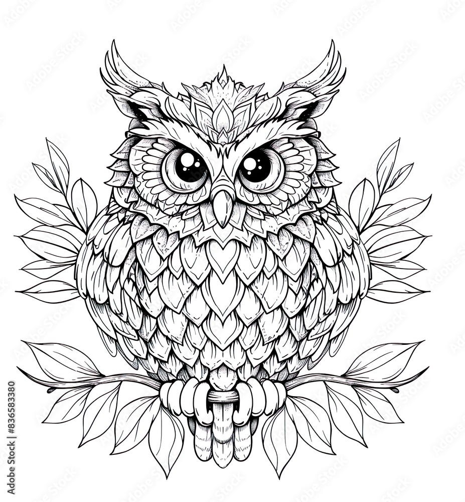 Illustration black and white drawing of owl Illustration black and white drawing of owl