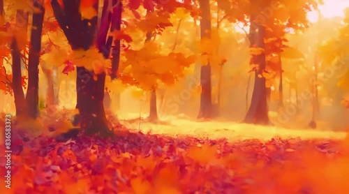 Autumn Forest Landscape Animation. Trees Ablaze in Red, Orange, and Yellow Foliage. Animated Dynamic Scene Style. photo