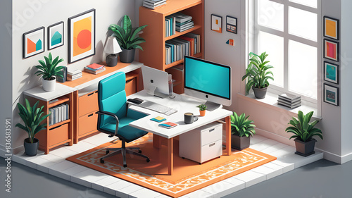 Isometric workplace in home office room. Office table and chair, modern wide screen computer monitor, floor lamp, chair, bookshelf Generative AI © Tark