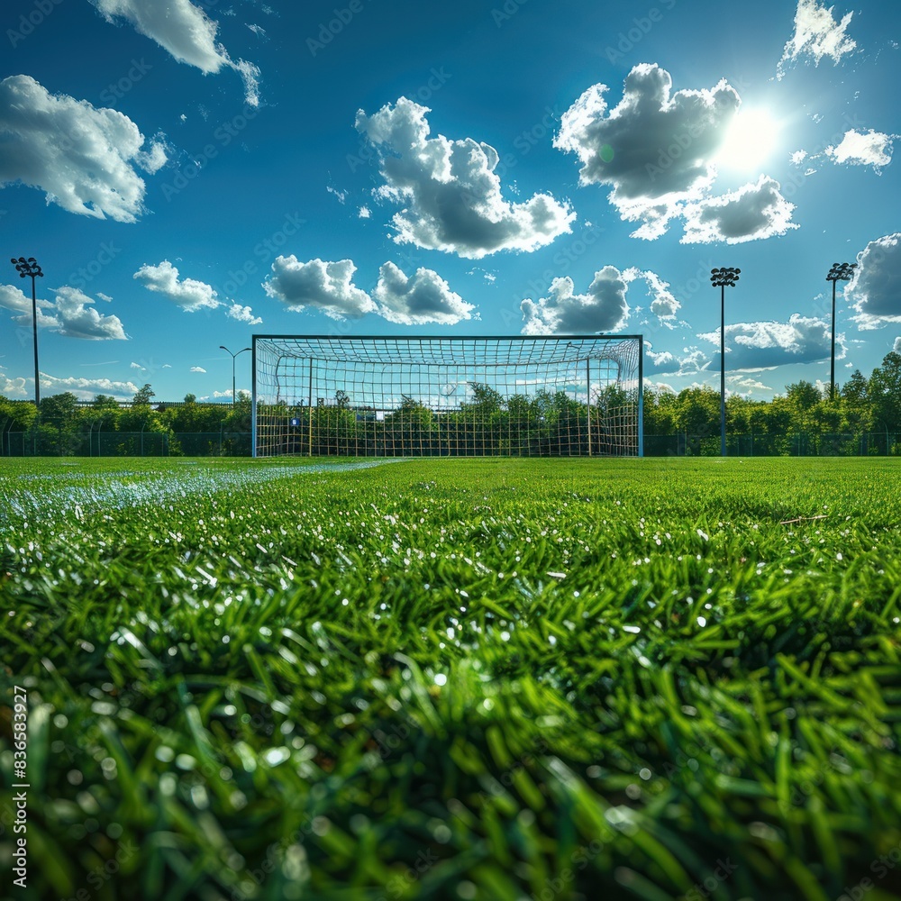 Football field with goalposts and green grass under blue sky, showing the whole view. There are trees in the background to add depth to the scene. Football field with goalposts and green grass under blue sky, showing the whole view. There are trees in the background to add depth to the scene.