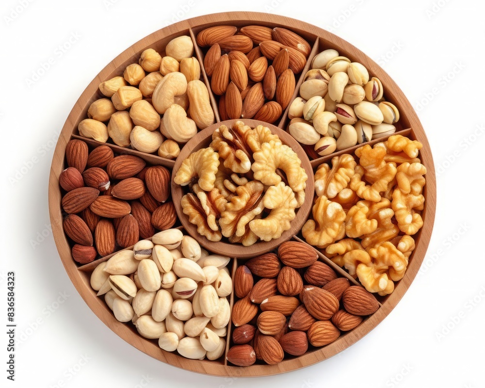 A highresolution image of a wooden tray with sections filled with various nuts, including cashews, almonds, walnuts, and hazelnuts, showcasing the diversity in textures and colors in a neatly organize A highresolution image of a wooden tray with sections filled with various nuts, including cashews, almonds, walnuts, and hazelnuts, showcasing the diversity in textures and colors in a neatly organize