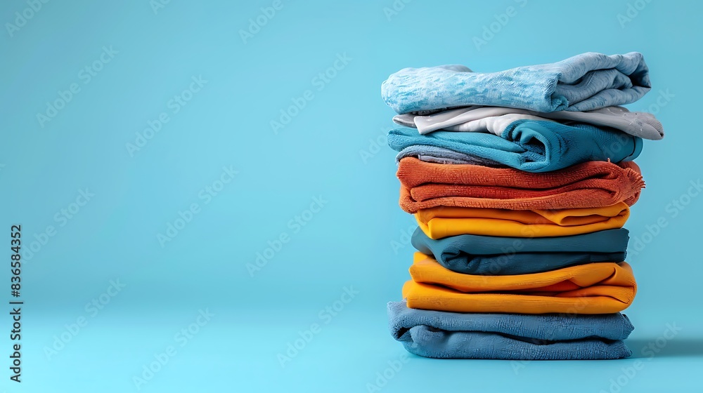 Stack of clean clothes with clean laundry isolated on a blue background Stack of clean clothes with clean laundry isolated on a blue background