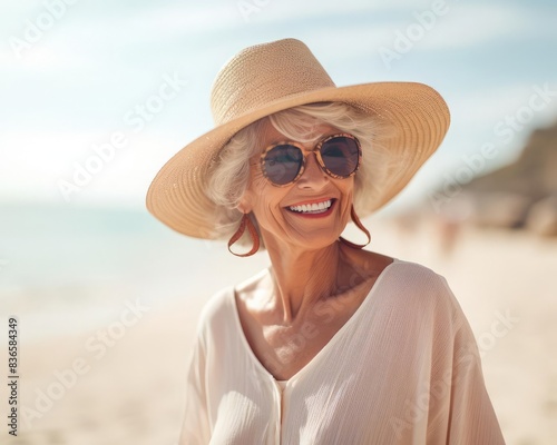 A highresolution image of a happy elderly woman wearing a straw hat and large sunglasses, standing in front of a blurred beach scene, captured with bright natural lighting to emphasize her relaxed and